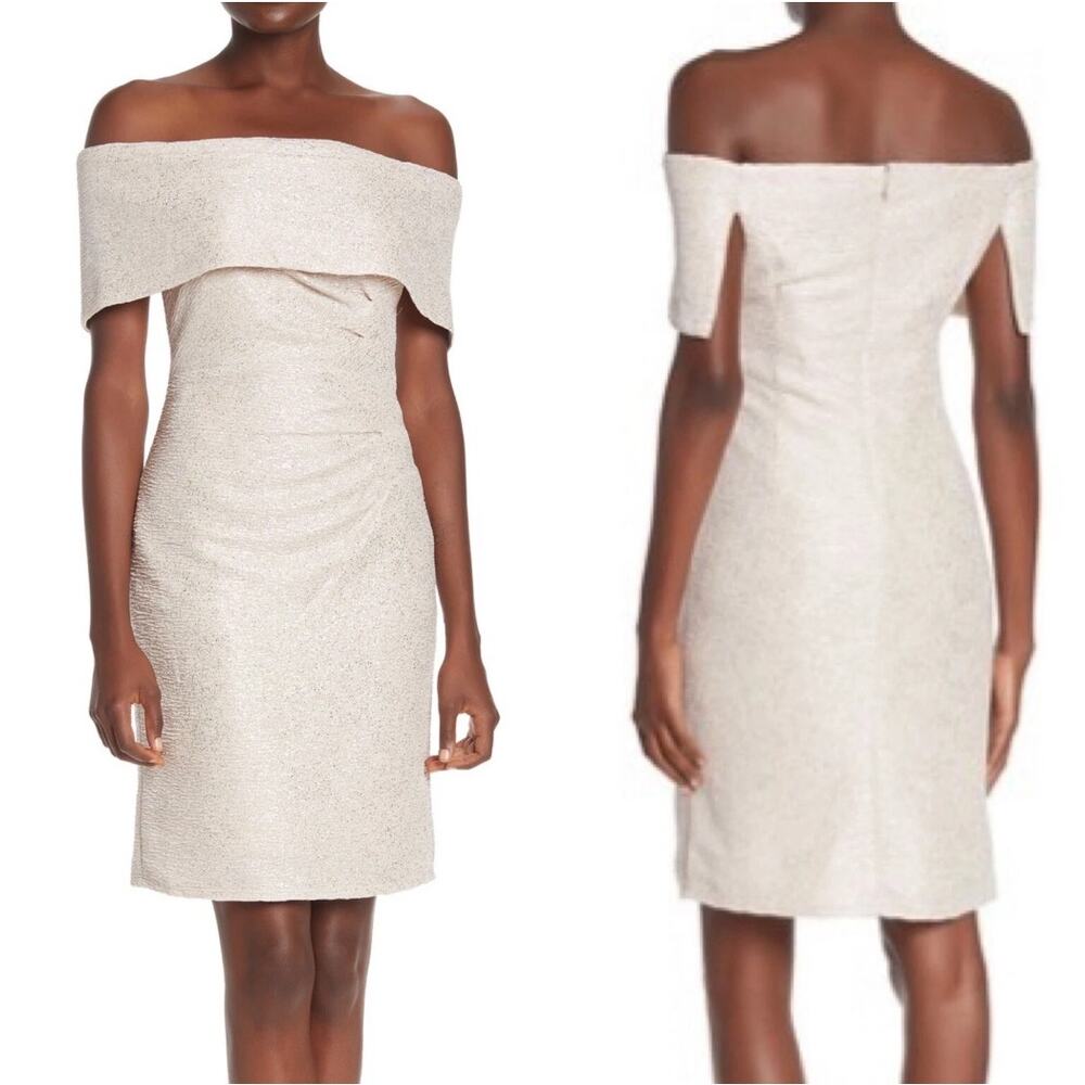 Marina Off-the-Shoulder Metallic Knit Shirred Dress Womens 10 NWT Holidays Party